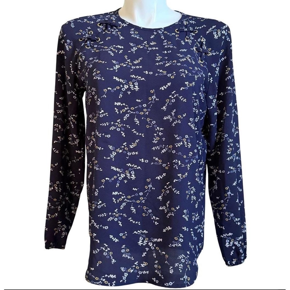 Michael Michael Kors Navy Blue Floral Grommet Lace Up Shoulder Blouse Large